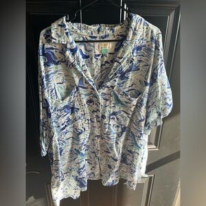 Anthropologie Blue and White Abstract Button Down Shirt